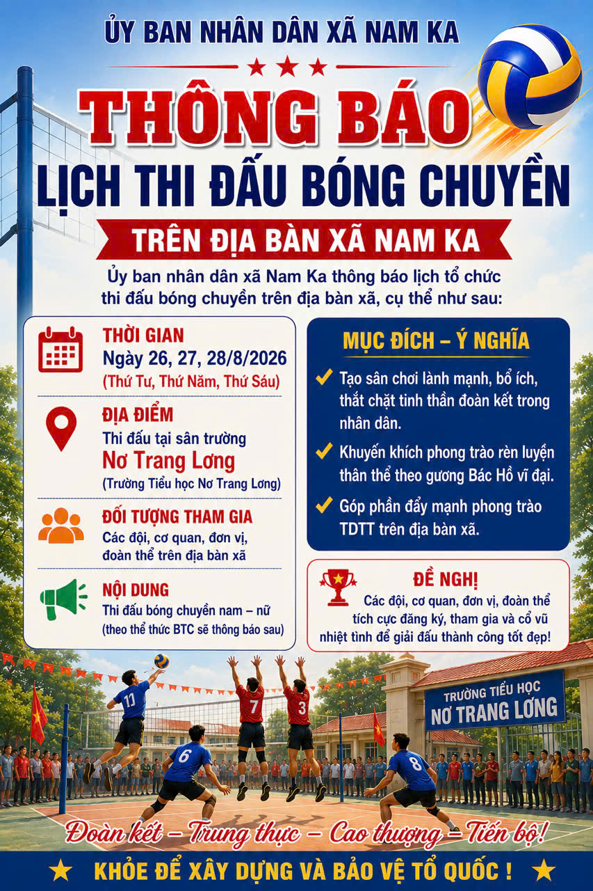 Thông báo thời gian thi đấu bóng chuyền nam, nữ chào mừng 81 năm CMT8 thành công và Quốc khánh mùng 02/9